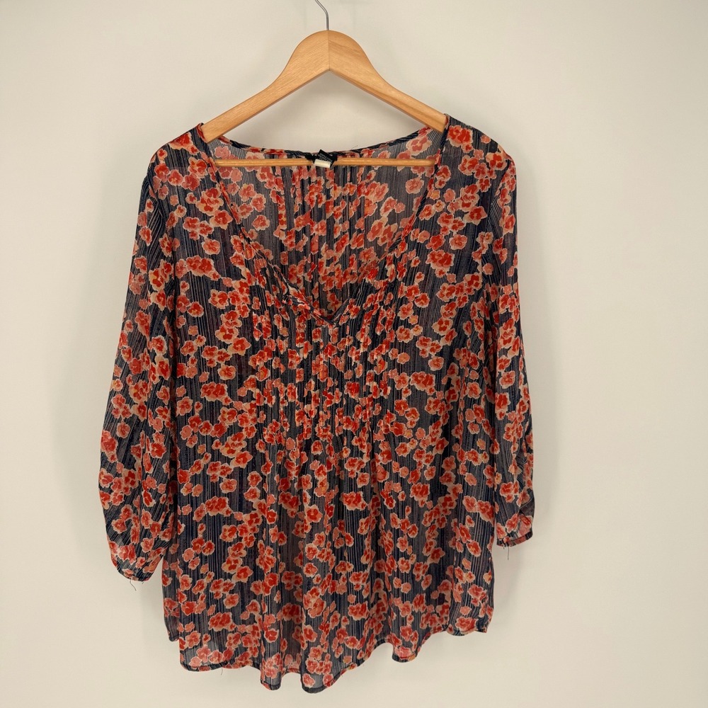 Torrid Ditsy Floral V-Neck Pleated‎ Georgette Blouse Orange Navy Size 2 2X
